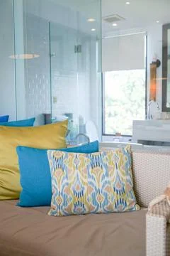 Comfortable pillows decoration on sofa Stock Photos