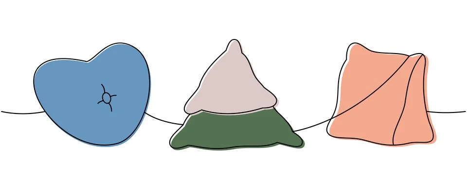 Comfortable pillows set one line colored continuous drawing. Soft pillows for Stock Illustration