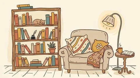 Comfortable reading corner featuring tall bookshelf and cushioned armchair .. Stock Illustration