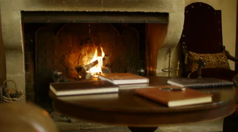 Comfortable room with fire in the fireplace and books on the table Vidéo 40974908