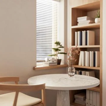 A comfortable Scandinavian room featuring a white marble table and a wooden.. Stock Illustration