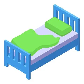 Comfortable single bed with green bedding and pillow in isometric view Stock Illustration