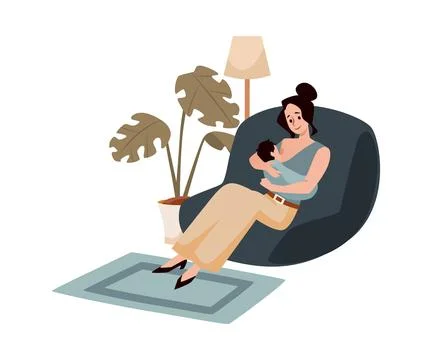 Comfortable sitting pose for breastfeeding flat vector illustration isolated. Stock Illustration