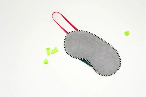 Comfortable sleeping flat lay mock up, top view with mask and ears plugs. Lay Stock Photos