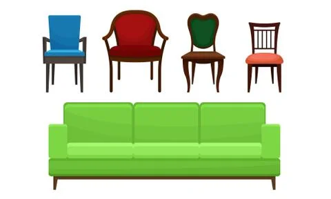 Comfortable Sofa and Chairs Collection, Home Furniture, Interior Design Elements Illustrazione stock