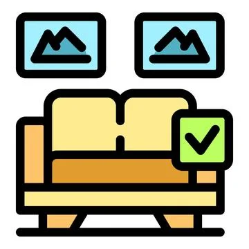 Comfortable sofa with check mark in living room decorated with pictures Stock Illustration