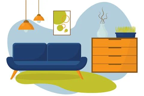 Comfortable sofa, chest of drawers and houseplants Stock Illustration