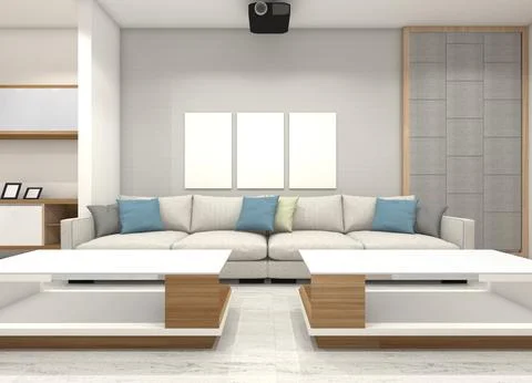 Comfortable Sofa with Wall Photo Frame Mockup for Interior Living Stock Illustration
