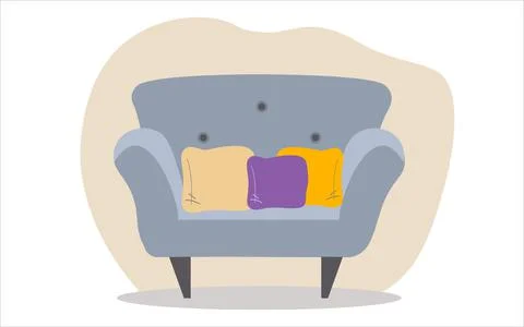 A comfortable sofa on a white background with three pillows. Isolated blue so Stock Illustration