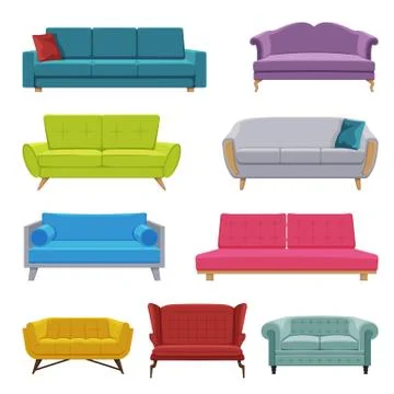 Comfortable Sofas Collection, Cozy Domestic or Office Furniture, Modern Interior Stock-Illustration