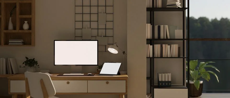 Comfortable study room with mock up desktop screen and tablet on the table. Illustrazione stock