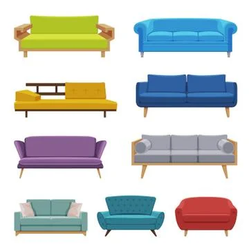 Comfortable Upholstered Sofas Collection, Cushioned Cozy Domestic or Office 스톡 일러스트
