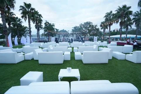 Comfortable white sofas for events Stock Photos