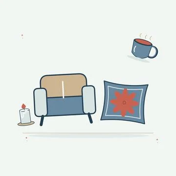 Comfortable winter sofa with a cozy cushion. Decorative flat vector compositi Illustrazione stock