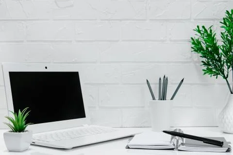 Comfortable workplace office for work or education in quarantine time - home Stock Photos