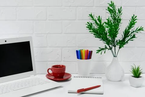 Comfortable workplace office for work or education in quarantine time - home Stock Photos