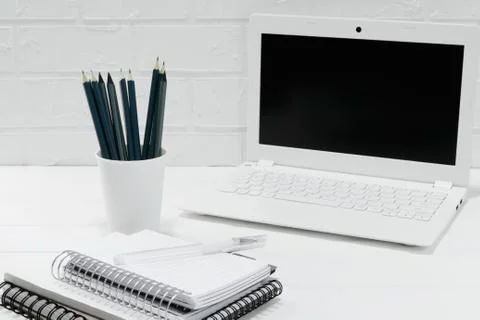 Comfortable workplace office for work or education in quarantine time - home Stock Photos