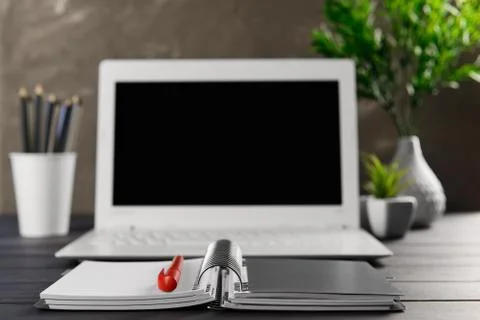Comfortable workplace office for work or education in quarantine time - home Stock Photos