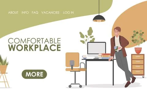 Comfortable workplace vector flat landing page template with text space. Man Stock Illustration