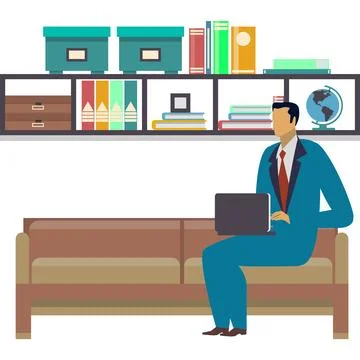 Comfortable workspace icon man working with laptop Stock Illustration