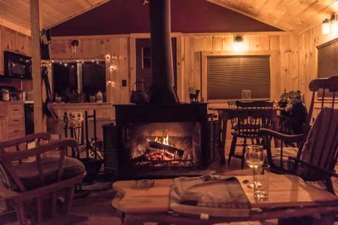 Comfy cabin view with a fire Stock Photos