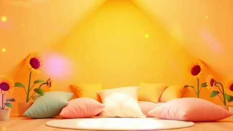Comfy Interior Design: Pillows with Indoor Sunflowers 3D Rendering in a Studio Stock Footage 317968133