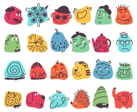 Comic abstract faces. Funny icons, avatars character collage. Bright cute Stock Illustration