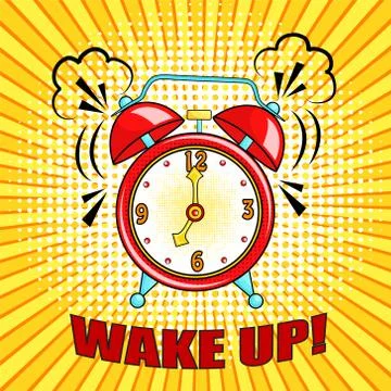 Comic alarm clock ringing and expression with wake up text. Vector bright dyn Stockillustratie