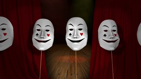 Comic and tragic theater mask on the background of the stage and the curtain Video stock 71093879