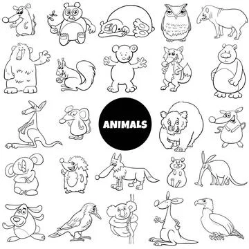 Comic animal characters large set color book page Black and White Cartoon ... Stock Photos