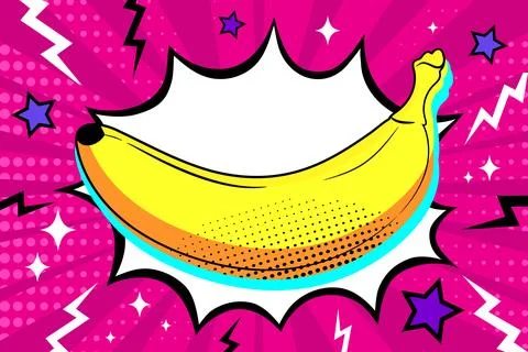 Comic background with banana in pop art style. Dynamic art Stock Illustration