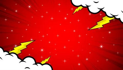 Comic background with cartoon style design of clouds, lightning and stars. .. Stock Illustration
