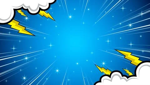 Comic background with cartoon style design of clouds, lightning and stars. .. Illustrazione stock
