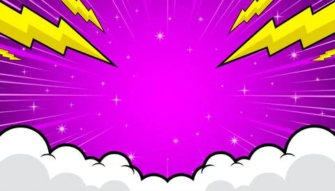 Comic background with cartoon style design of clouds, lightning and stars. .. Stock Illustration