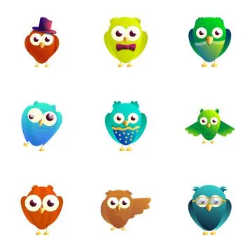 Comic birds icon set, cartoon style Stock Illustration