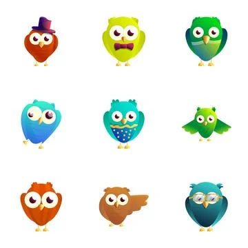 Comic birds icon set, cartoon style Stock Illustration