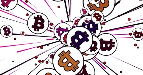 Comic bitcoin burst, outwards flying, jackpot, digital currency, pop art, 4k Stock Footage 92738344