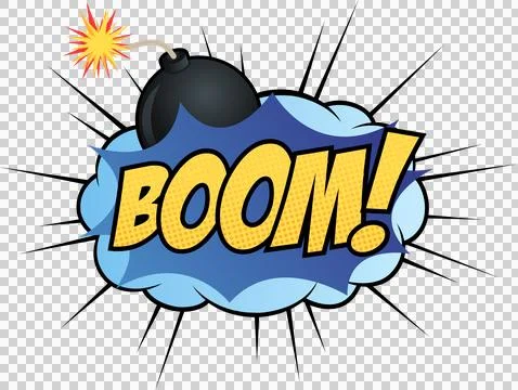 Comic blast is showing bomb behind blue bubble, BOOM! halftone speed lines, Stock Illustration