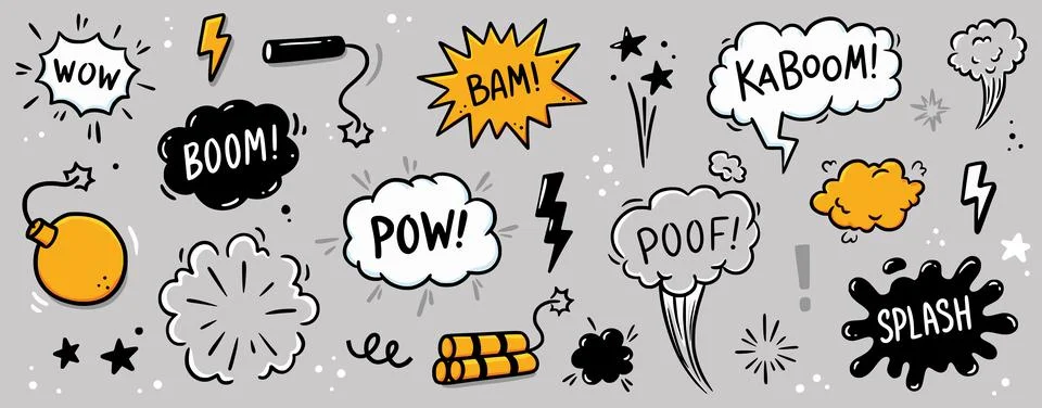 Comic bomb boom vector element. Hand drawn cartoon explosion bomb effect, splash Stock Illustration