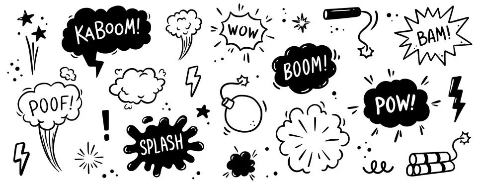 Comic bomb boom vector element. Hand drawn cartoon explosion bomb effect, splash Stock Illustration