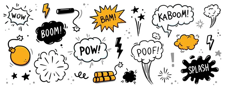 Comic bomb boom vector element. Hand drawn cartoon explosion bomb effect, splash Illustrazione stock