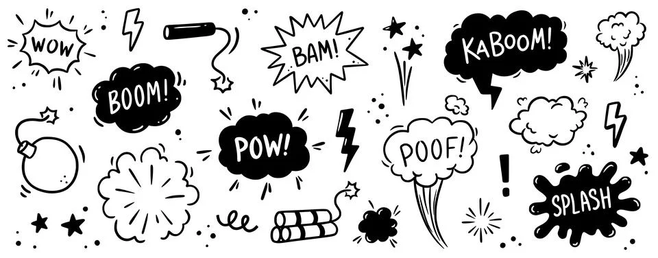 Comic bomb boom vector element. Hand drawn cartoon explosion bomb effect, splash Illustrazione stock