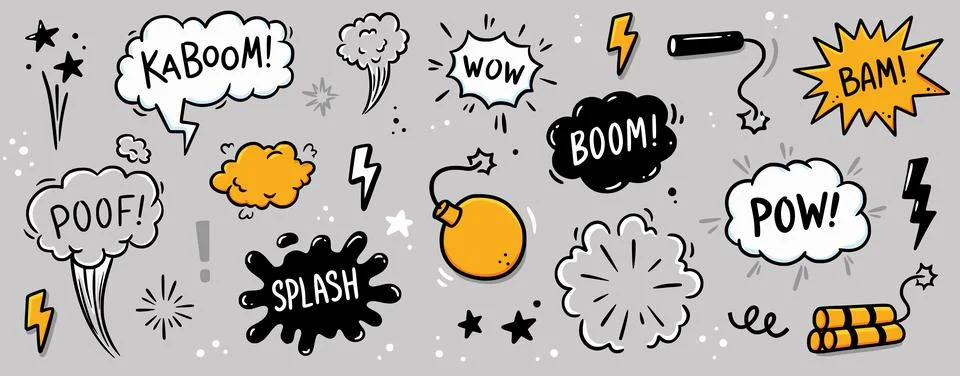 Comic bomb boom vector element. Hand drawn cartoon explosion bomb effect, splash Illustrazione stock