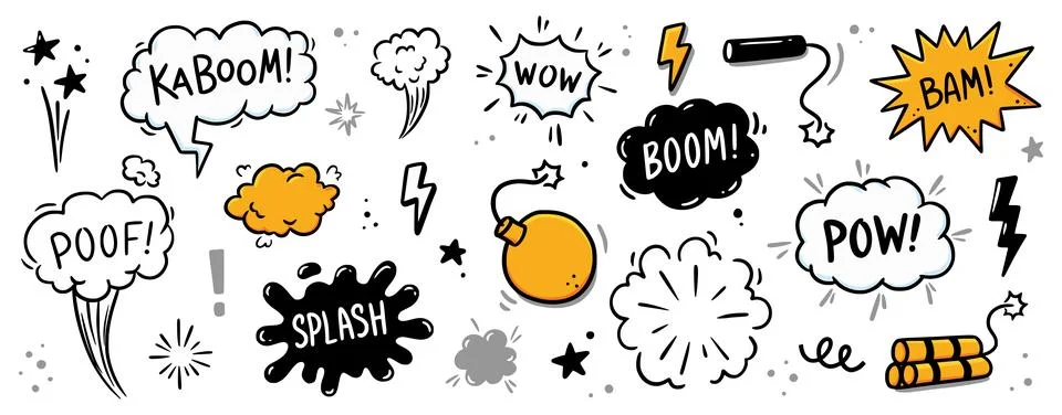 Comic bomb boom vector element. Hand drawn cartoon explosion bomb effect, splash Stock Illustration