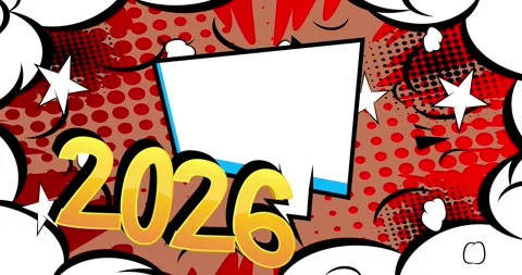 Comic Book 2026 with speech bubble animation Stock Footage 321585432