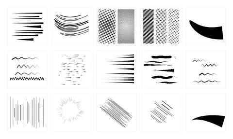 Comic book action line pack including motion streaks and halftone textures .. Stock Illustration