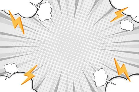 Comic Book Background with Halftone Sunburst Rays Clouds and Lightning Bolts Stock Illustration
