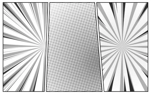 Comic book backgrounds set with rays, radial, halftone and dotted effects i.. Stock Illustration