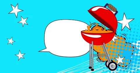 Comic Book Burning wood in barbeque grill with speech bubble animation Stock Footage 316356354