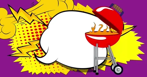 Comic Book Burning wood in barbeque grill with speech bubble video Stock Footage 316356358
